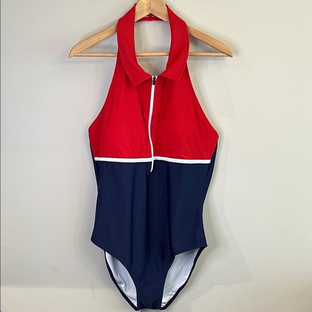 NWOT Ladies Red and Blue Zipped backless One Piece Swimsuit XL ( slim) - Picture 2 of 4